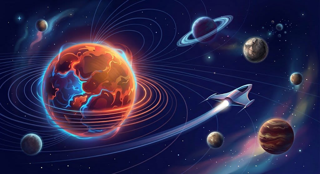 A conceptual space scene illustrating overcoming addiction cycle therapy and escaping gravitational pull.